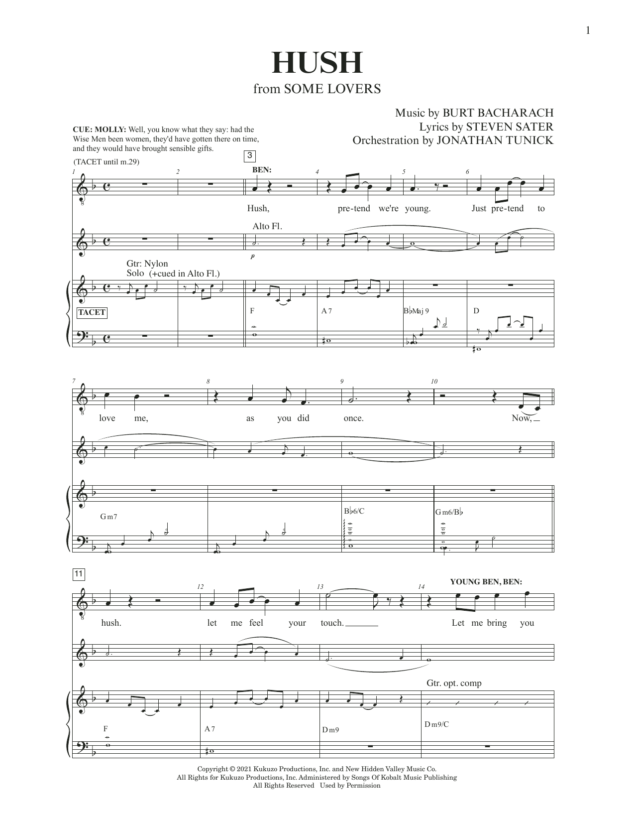 Burt Bacharach & Steven Sater Hush (from Some Lovers) sheet music notes and chords. Download Printable PDF.