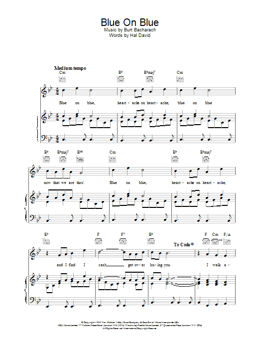 Learn to play Bacharach & David Blue On Blue sheet music for Piano, Vocal & Guitar (Right-Hand Melody) in minutes. Bacharach & David Blue On Blue sheet music notes and chords. Download Printable PDF.