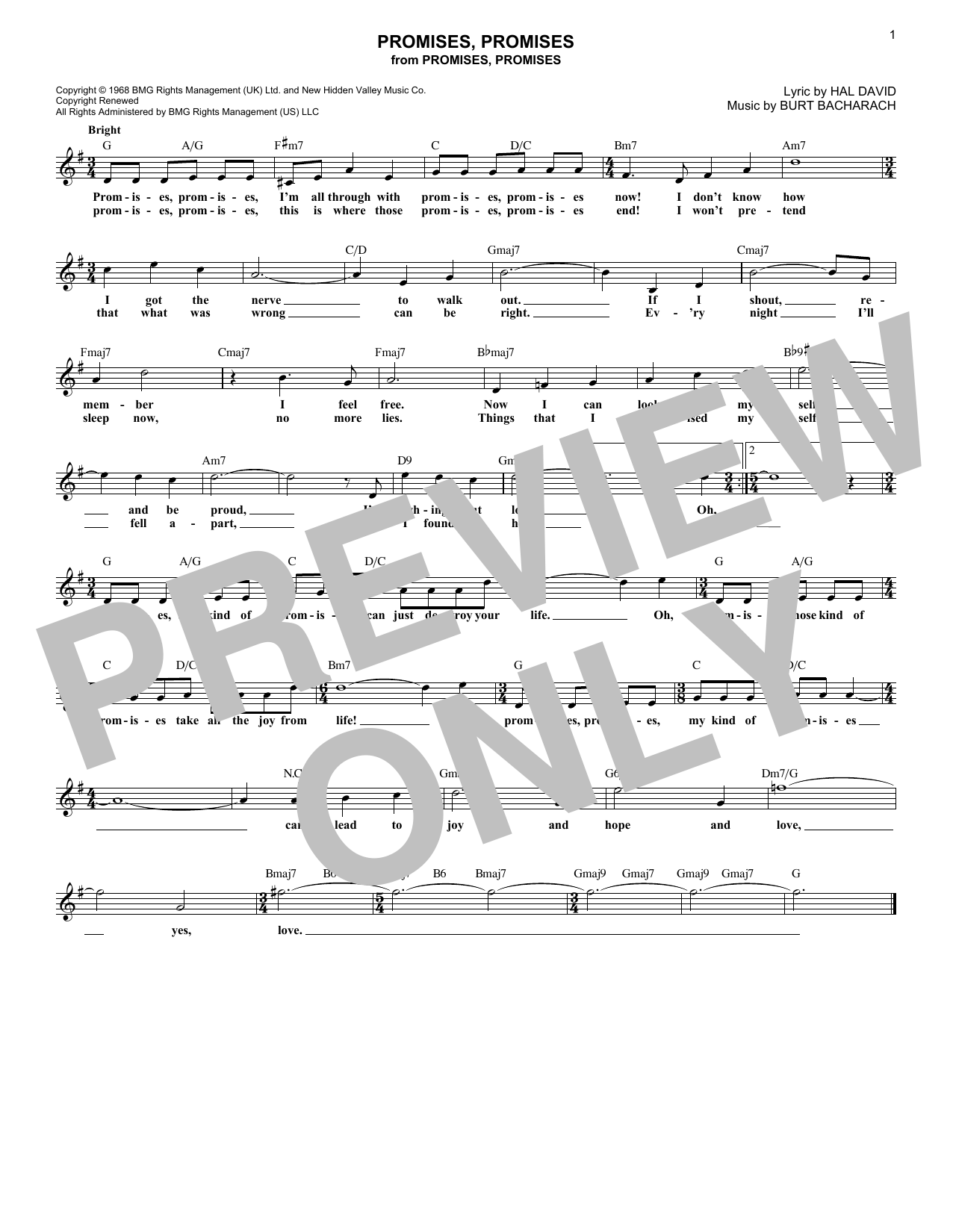 Burt Bacharach Promises, Promises sheet music notes and chords. Download Printable PDF.