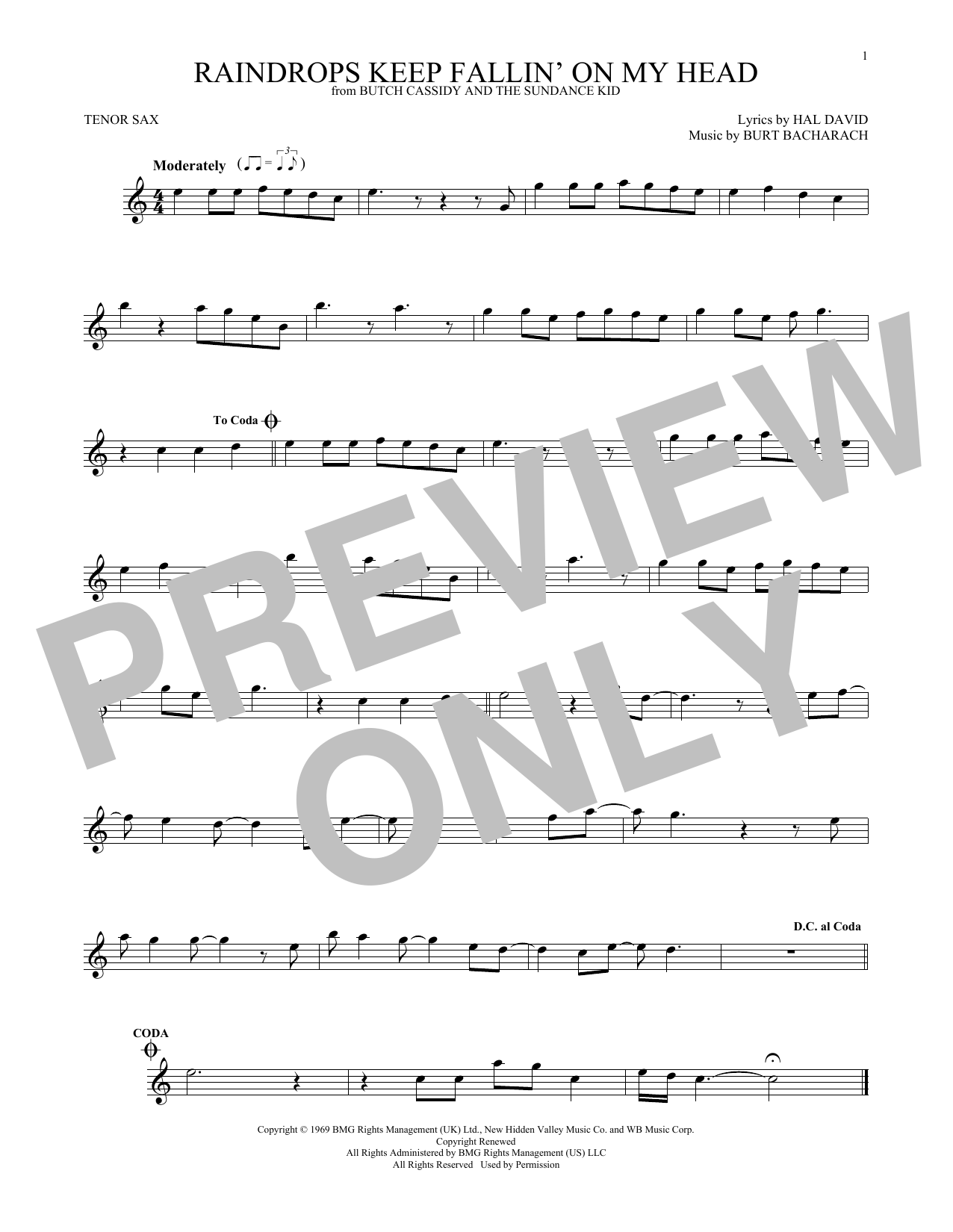 Burt Bacharach Raindrops Keep Fallin On My Head Sheet Music Pdf Notes Chords Pop Score Flute Solo Download Printable Sku 1768