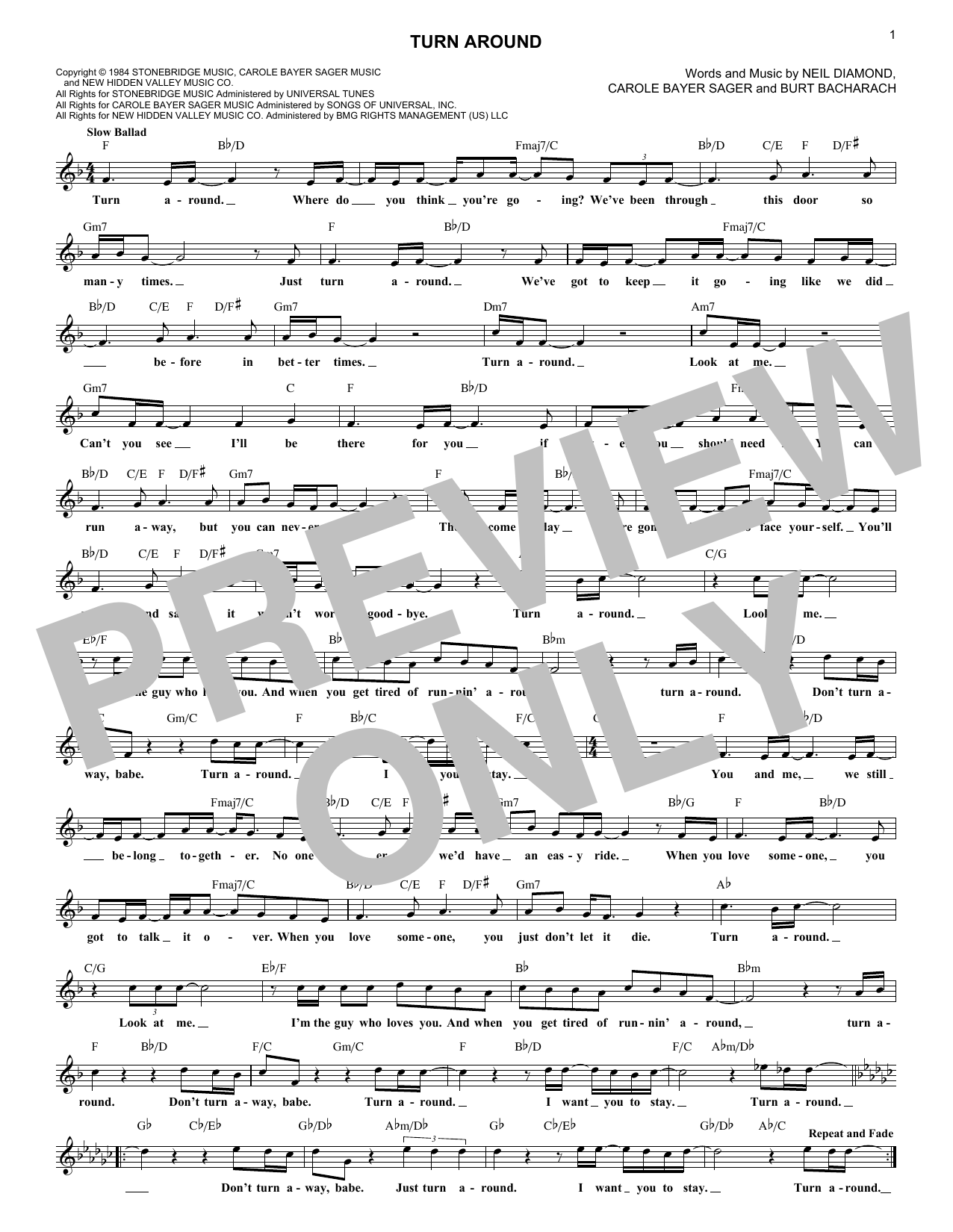 Burt Bacharach Turn Around sheet music notes and chords. Download Printable PDF.