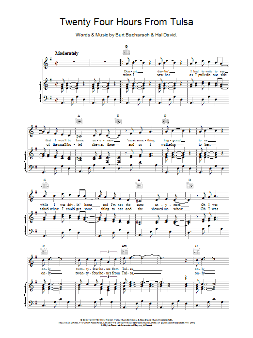 Learn to play Bacharach & David Twenty Four Hours From Tulsa sheet music for Piano, Vocal & Guitar (Right-Hand Melody) in minutes. Bacharach & David Twenty Four Hours From Tulsa sheet music notes and chords. Download Printable PDF.