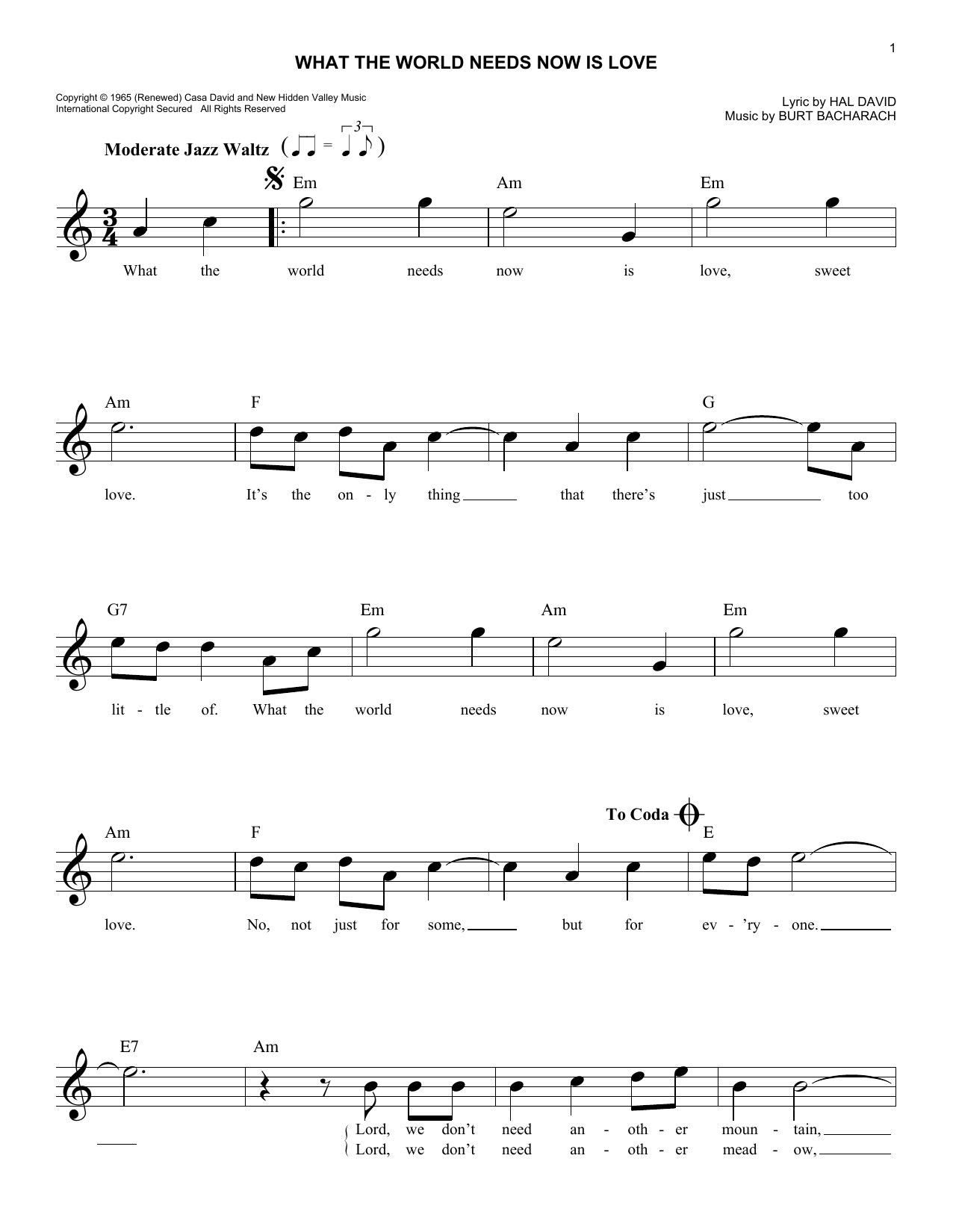 Bacharach & David What The World Needs Now Is Love sheet music notes and chords. Download Printable PDF.