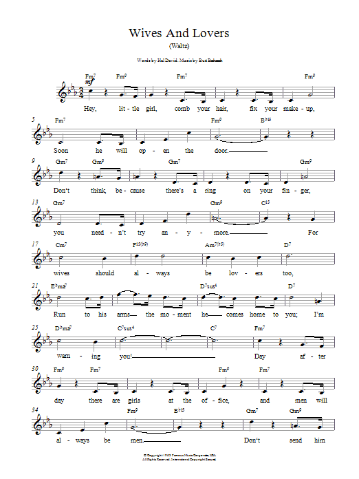 Bacharach & David Wives And Lovers (Hey, Little Girl) sheet music notes and chords. Download Printable PDF.