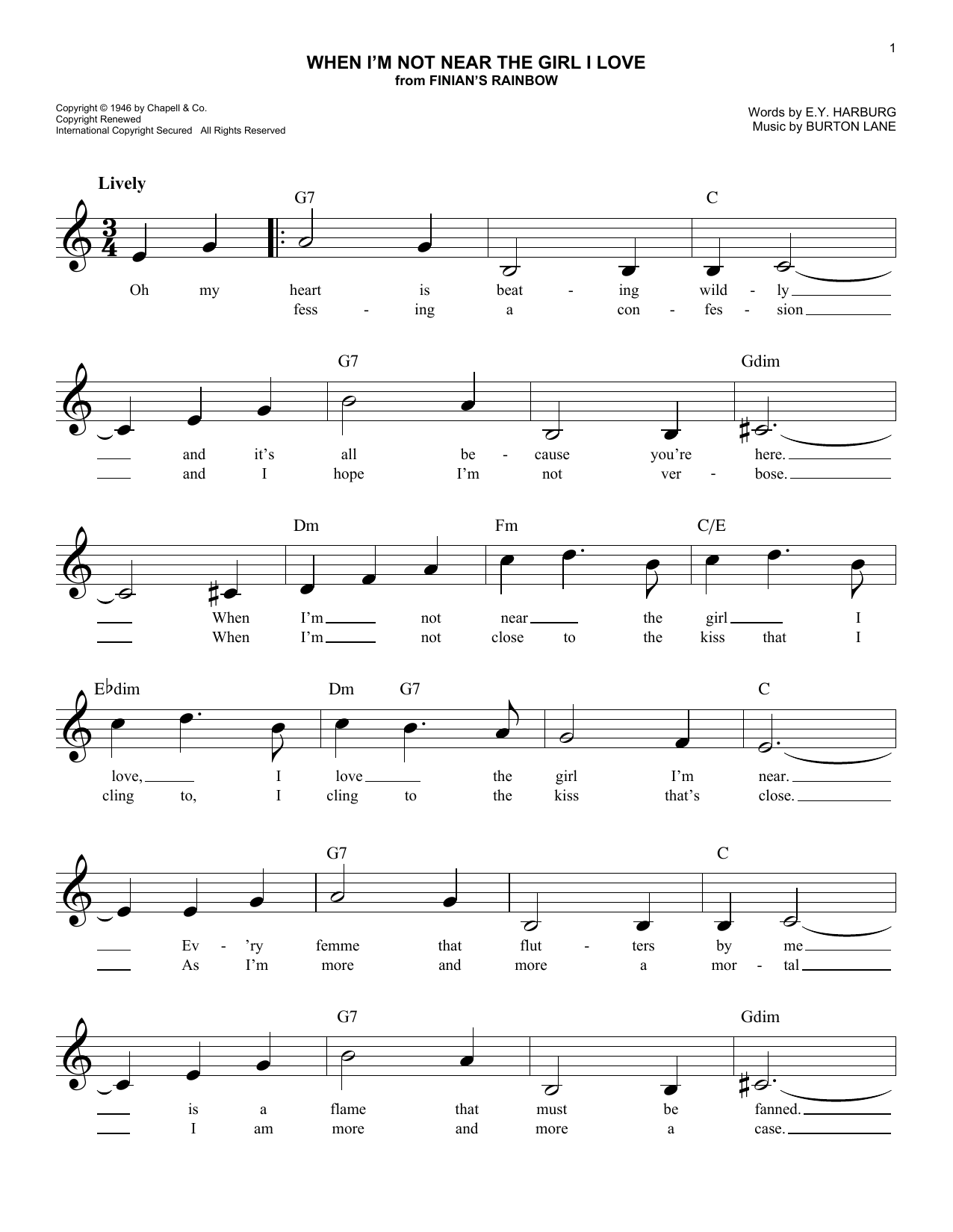 Burton Lane When I'm Not Near The Girl I Love sheet music notes and chords arranged for Easy Lead Sheet / Fake Book