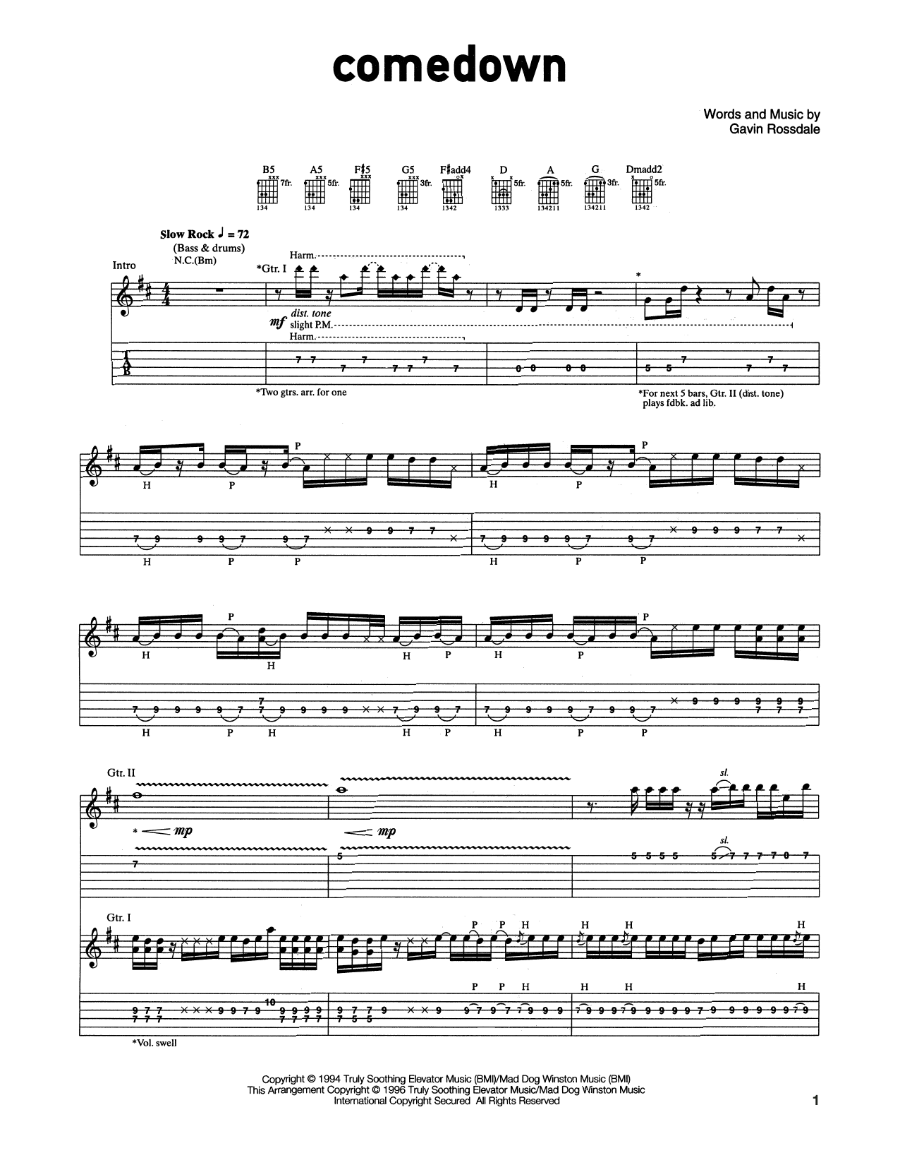 Bush Comedown sheet music notes and chords. Download Printable PDF.