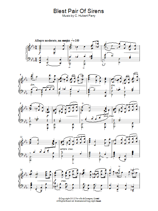 Learn to play C. Hubert H. Parry Blest Pair Of Sirens sheet music for Choir in minutes. Price: 3.9900$ C. Hubert H. Parry Blest Pair Of Sirens sheet music notes and chords arranged for Choir