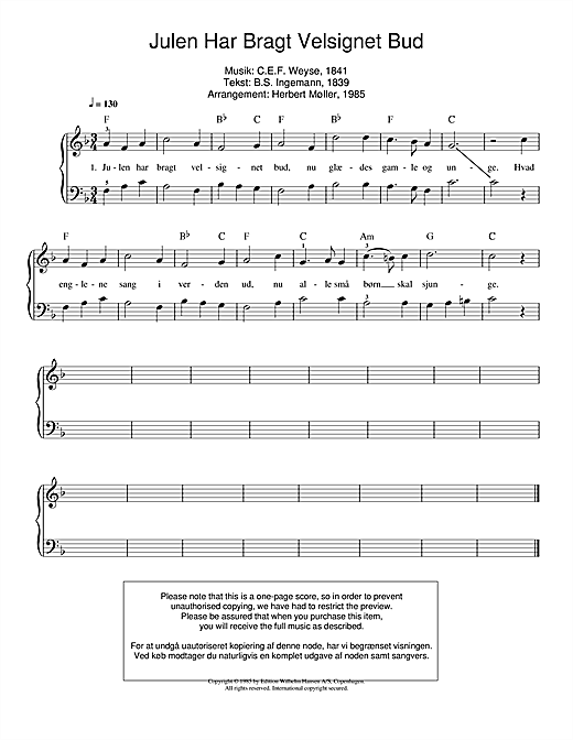 Learn to play C.E.F. Weyse Julen Har Bragt Velsignet Bud sheet music for Piano Solo in minutes. C.E.F. Weyse Julen Har Bragt Velsignet Bud sheet music notes and chords. Download Printable PDF.