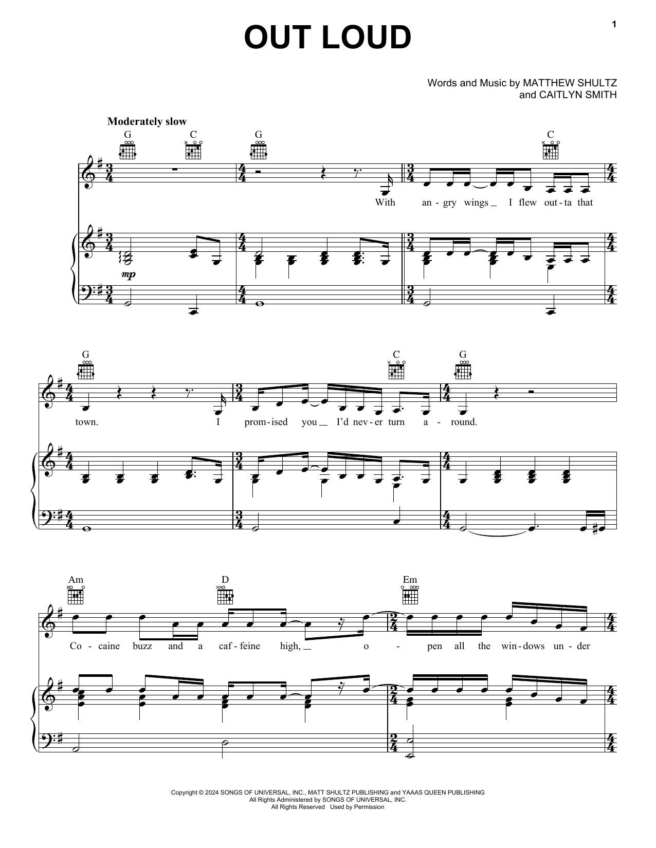 Cage The Elephant "Out Loud" Sheet Music & Chords for Piano, Vocal