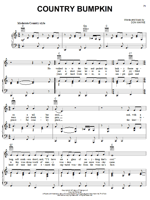 Cal Smith Country Bumpkin sheet music notes and chords. Download Printable PDF.