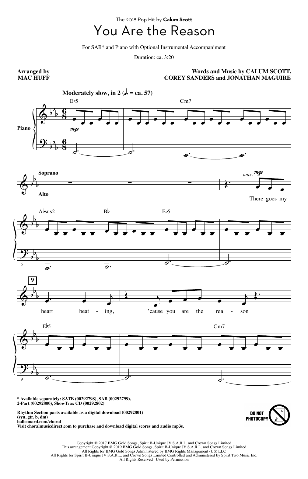 Calum Scott You Are The Reason Arr Mac Huff Sheet Music Pdf Notes Chords Pop Score Sab Choir Download Printable Sku 415516