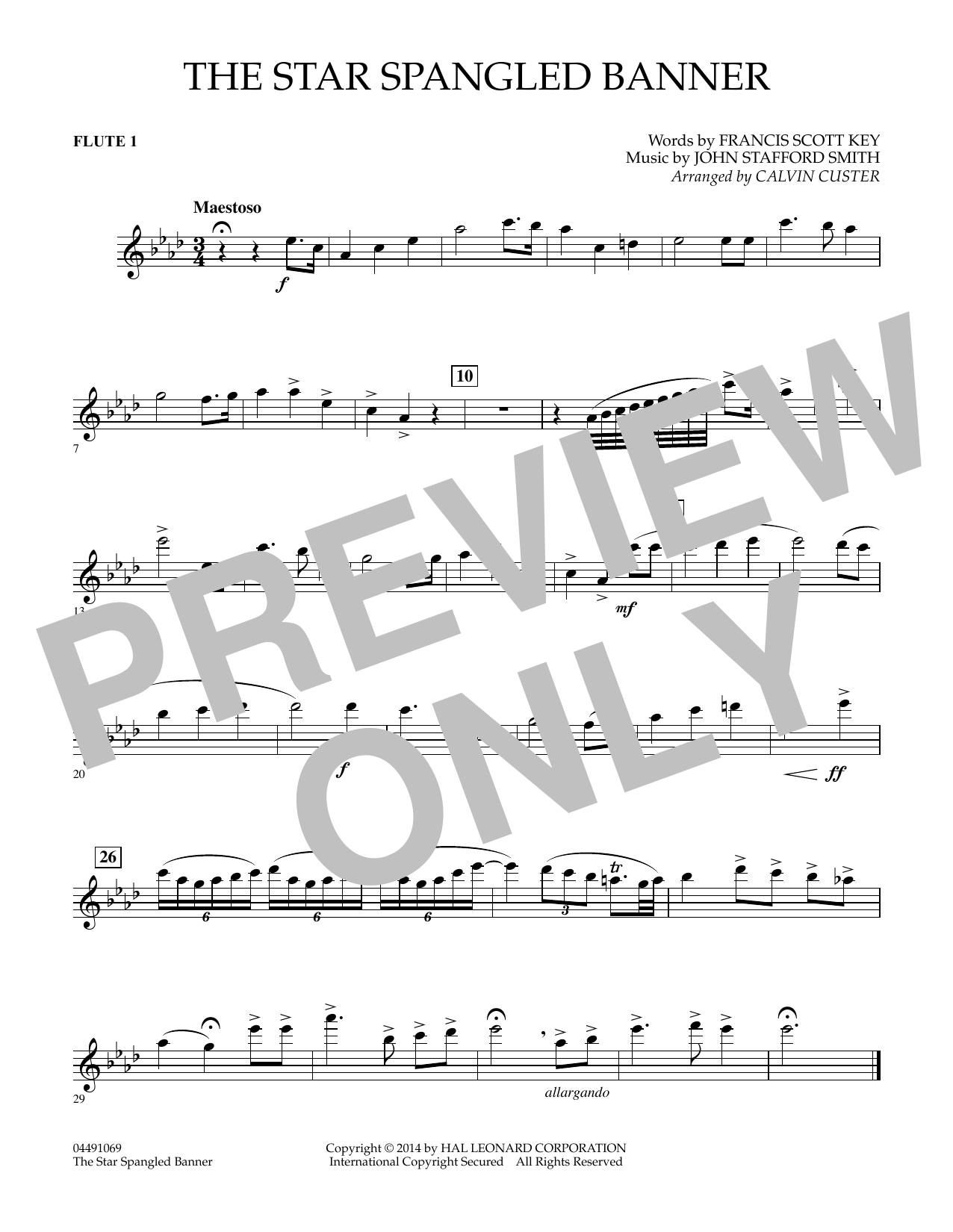 Calvin Custer The Star Spangled Banner Flute 1 Sheet Music Pdf Notes Chords Patriotic Score Full Orchestra Download Printable Sku 344236