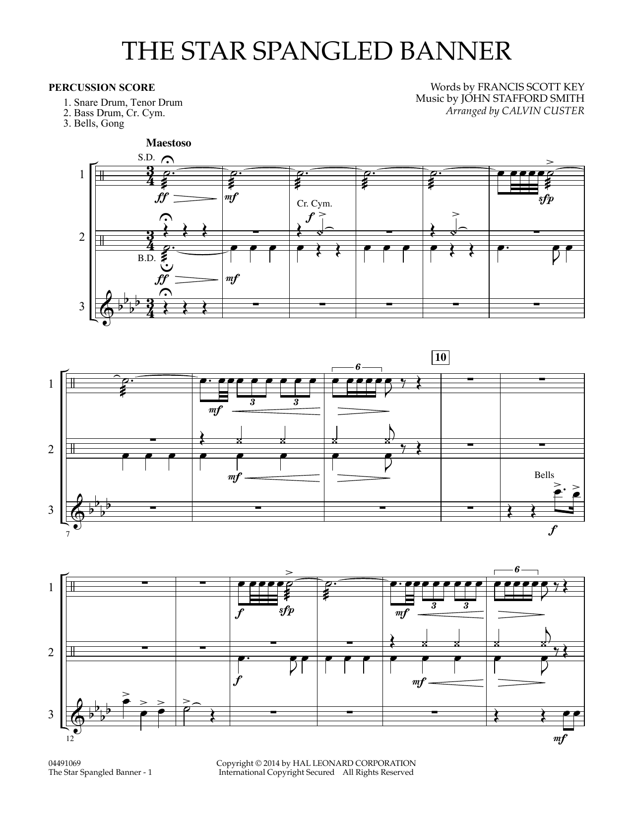 Calvin Custer The Star Spangled Banner - Percussion Score sheet music notes and chords. Download Printable PDF.