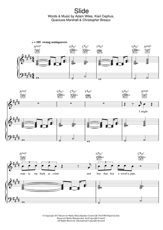 Learn to play Calvin Harris Slide (feat. Frank Ocean & Migos) sheet music for Piano, Vocal & Guitar (Right-Hand Melody) in minutes. Calvin Harris Slide (feat. Frank Ocean & Migos) sheet music notes and chords. Download Printable PDF.