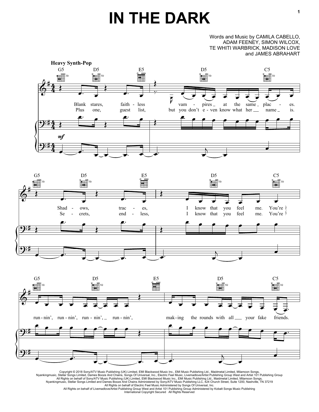 Camila Cabello In The Dark sheet music notes and chords. Download Printable PDF.