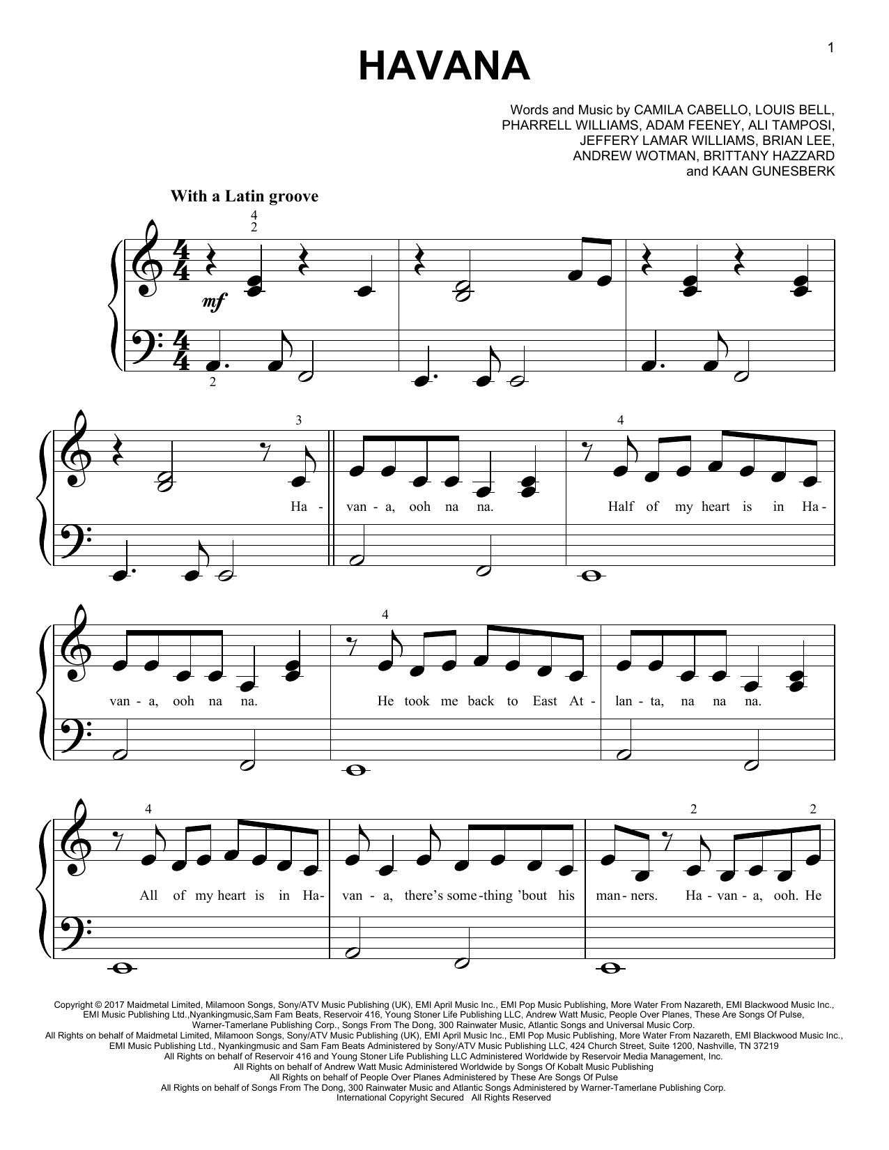 Camila Cabello Havana (feat. Young Thug) Sheet Music Notes, Chords   Download Printable Big Note Piano PDF Score - SKU: 251353