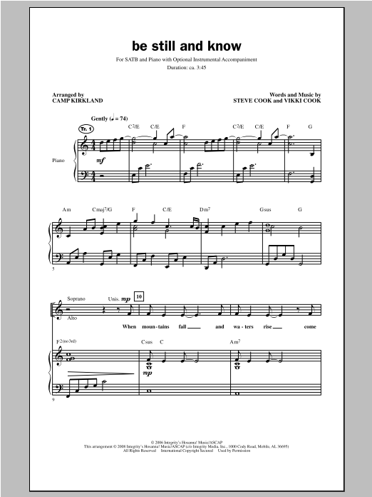 Learn to play Camp Kirkland Be Still And Know sheet music for SATB Choir in minutes. Price: 3.9900$ Camp Kirkland Be Still And Know sheet music notes and chords arranged for SATB Choir