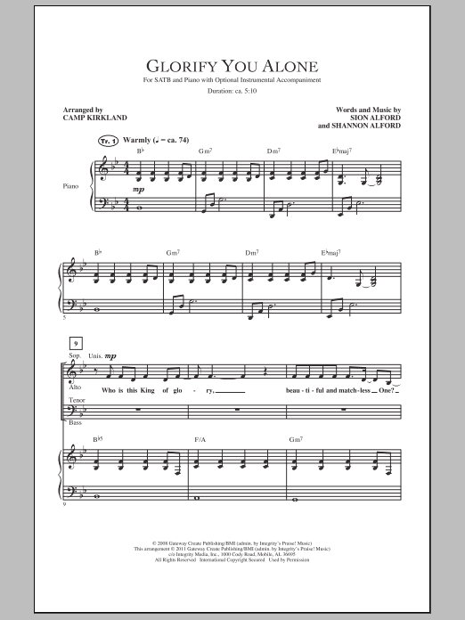 Learn to play Camp Kirkland Glorify You Alone sheet music for SATB Choir in minutes. Price: 3.9900$ Camp Kirkland Glorify You Alone sheet music notes and chords arranged for SATB Choir