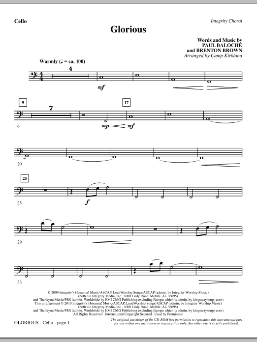 Learn to play Camp Kirkland Glorious - Cello sheet music for Choir Instrumental Pak in minutes. Camp Kirkland Glorious - Cello sheet music notes and chords. Download Printable PDF.