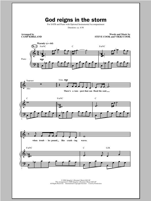 Learn to play Camp Kirkland God Reigns In The Storm sheet music for SATB Choir in minutes. Price: 3.9900$ Camp Kirkland God Reigns In The Storm sheet music notes and chords arranged for SATB Choir