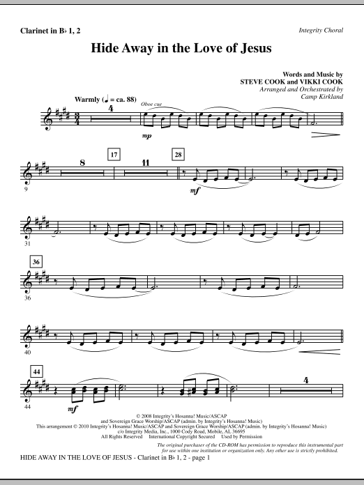 Learn to play Camp Kirkland Hide Away In The Love Of Jesus - Clarinet 1 & 2 sheet music for Choir Instrumental Pak in minutes. Camp Kirkland Hide Away In The Love Of Jesus - Clarinet 1 & 2 sheet music notes and chords. Download Printable PDF.