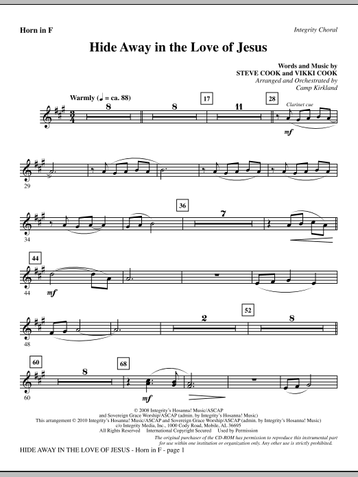 Learn to play Camp Kirkland Hide Away In The Love Of Jesus - Horn 1 & 2 sheet music for Choir Instrumental Pak in minutes. Camp Kirkland Hide Away In The Love Of Jesus - Horn 1 & 2 sheet music notes and chords. Download Printable PDF.
