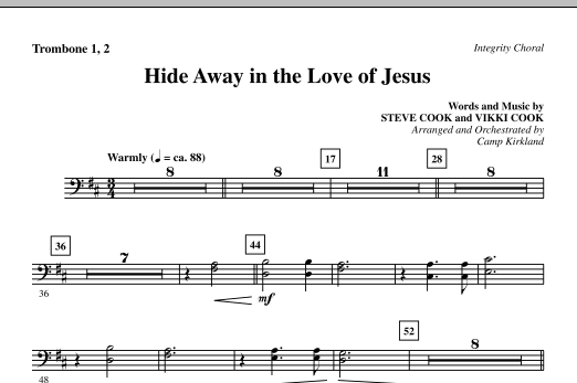 Learn to play Camp Kirkland Hide Away In The Love Of Jesus - Trombone 1 & 2 sheet music for Choir Instrumental Pak in minutes. Camp Kirkland Hide Away In The Love Of Jesus - Trombone 1 & 2 sheet music notes and chords. Download Printable PDF.