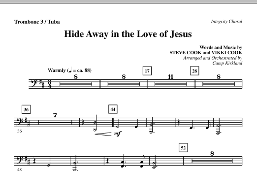 Learn to play Camp Kirkland Hide Away In The Love Of Jesus - Trombone 3/Tuba sheet music for Choir Instrumental Pak in minutes. Camp Kirkland Hide Away In The Love Of Jesus - Trombone 3/Tuba sheet music notes and chords. Download Printable PDF.
