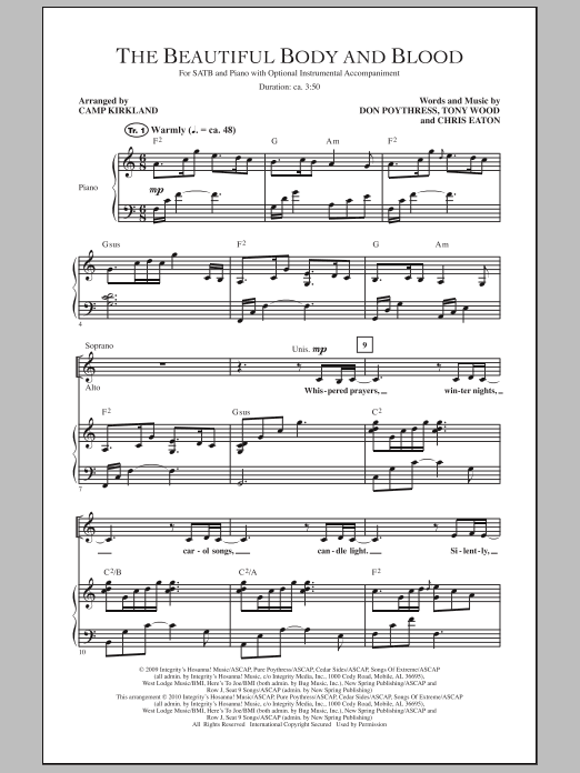 Learn to play Camp Kirkland The Beautiful Body And Blood sheet music for SATB Choir in minutes. Price: 3.9900$ Camp Kirkland The Beautiful Body And Blood sheet music notes and chords arranged for SATB Choir