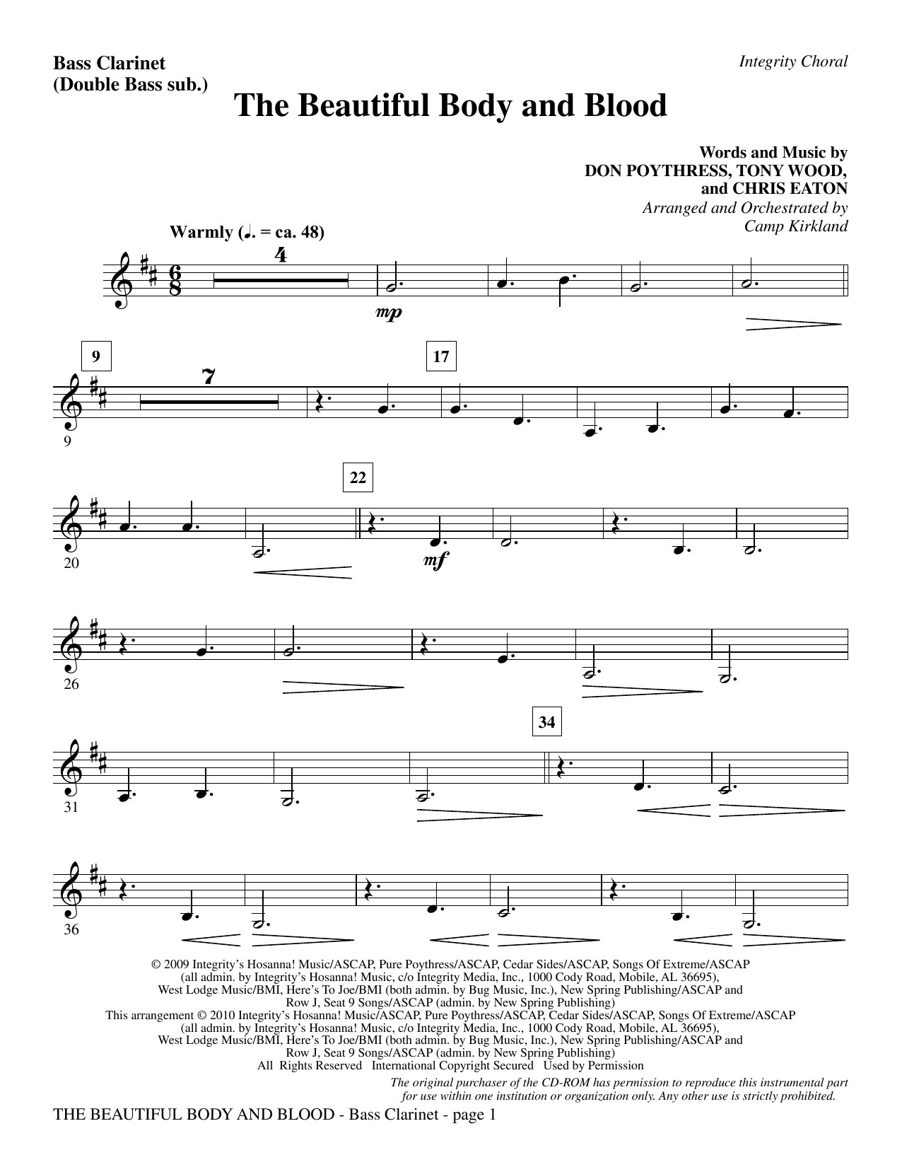 Learn to play Camp Kirkland The Beautiful Body And Blood - Bass Clarinet (sub. dbl bass) sheet music for Choir Instrumental Pak in minutes. Camp Kirkland The Beautiful Body And Blood - Bass Clarinet (sub. dbl bass) sheet music notes and chords. Download Printable PDF.
