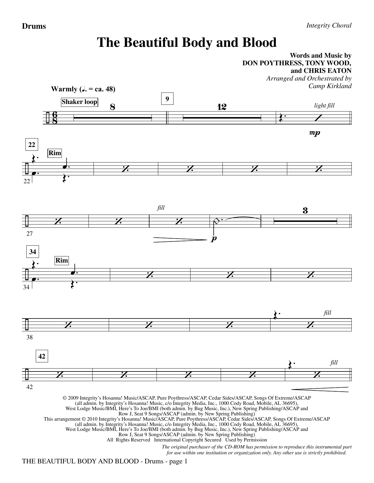 Learn to play Camp Kirkland The Beautiful Body And Blood - Drums sheet music for Choir Instrumental Pak in minutes. Camp Kirkland The Beautiful Body And Blood - Drums sheet music notes and chords. Download Printable PDF.