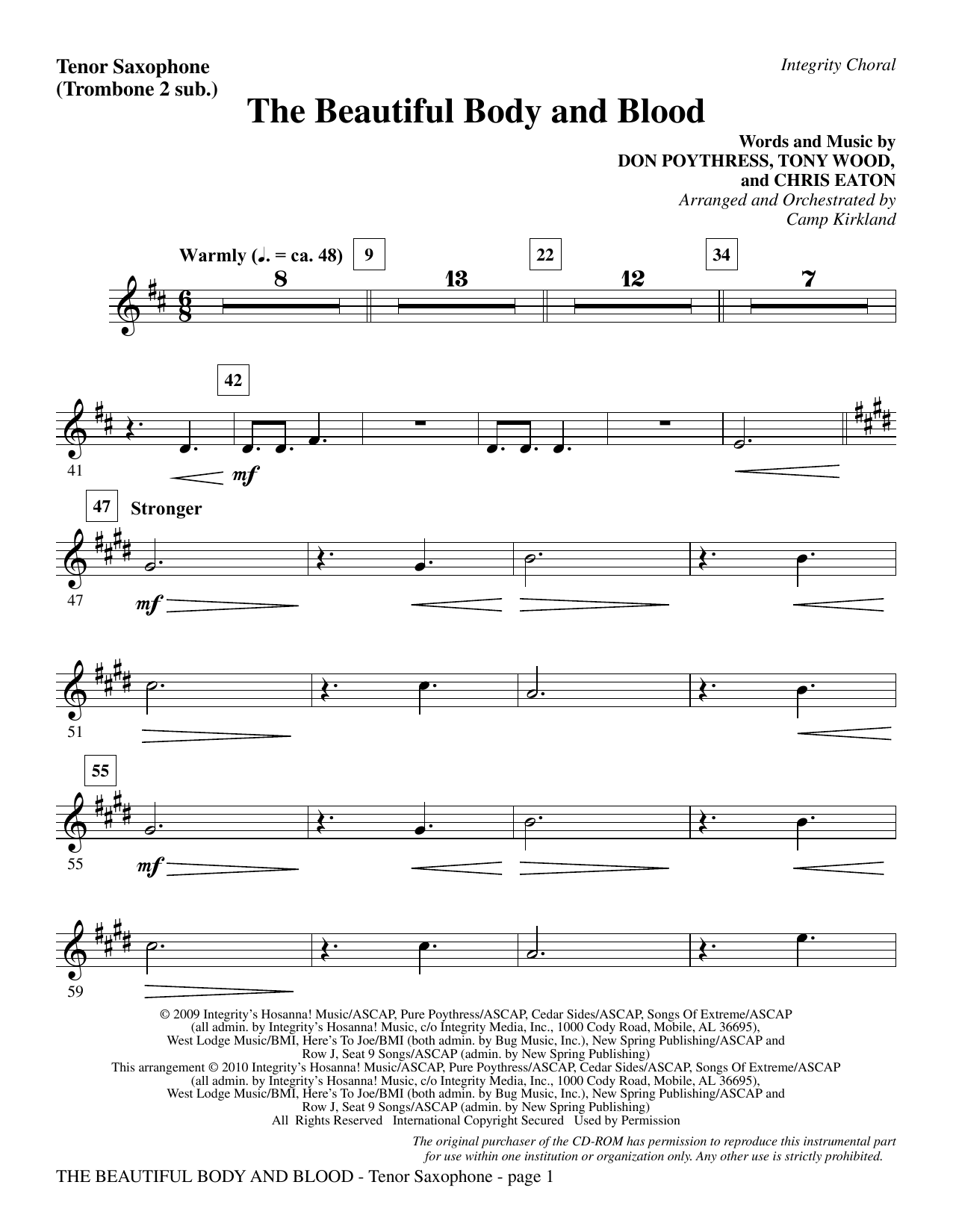Learn to play Camp Kirkland The Beautiful Body And Blood - Tenor Sax (sub. Tbn 2) sheet music for Choir Instrumental Pak in minutes. Camp Kirkland The Beautiful Body And Blood - Tenor Sax (sub. Tbn 2) sheet music notes and chords. Download Printable PDF.