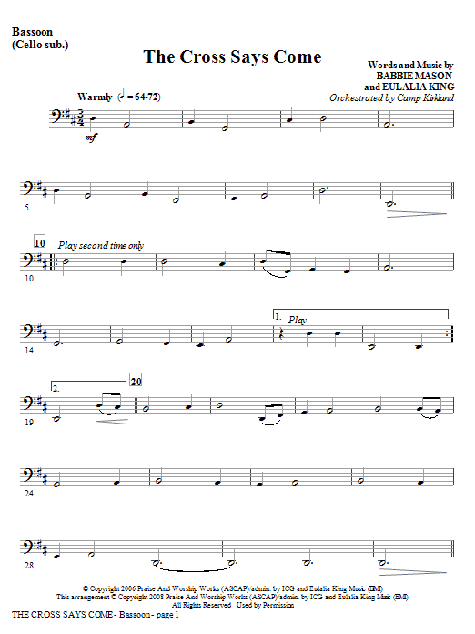 Learn to play Camp Kirkland The Cross Says Come - Bassoon (Cello Sub) sheet music for Choir Instrumental Pak in minutes. Camp Kirkland The Cross Says Come - Bassoon (Cello Sub) sheet music notes and chords. Download Printable PDF.