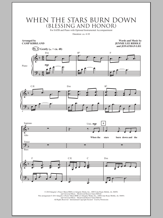 Learn to play Camp Kirkland When The Stars Burn Down (Blessing And Honor) sheet music for SATB Choir in minutes. Price: 3.9900$ Camp Kirkland When The Stars Burn Down (Blessing And Honor) sheet music notes and chords arranged for SATB Choir