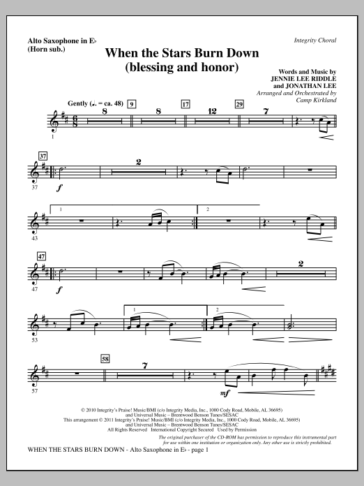 Learn to play Camp Kirkland When The Stars Burn Down (Blessing And Honor) - Alto Sax (sub. Horn) sheet music for Choir Instrumental Pak in minutes. Price: 8.9900$ Camp Kirkland When The Stars Burn Down (Blessing And Honor) - Alto Sax (sub. Horn) sheet music notes and chords arranged for Choir Instrumental Pak