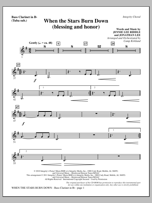 Learn to play Camp Kirkland When The Stars Burn Down (Blessing And Honor) - Bass Clarinet (sub. Tuba) sheet music for Choir Instrumental Pak in minutes. Price: 8.9900$ Camp Kirkland When The Stars Burn Down (Blessing And Honor) - Bass Clarinet (sub. Tuba) sheet music notes and chords arranged for Choir Instrumental Pak