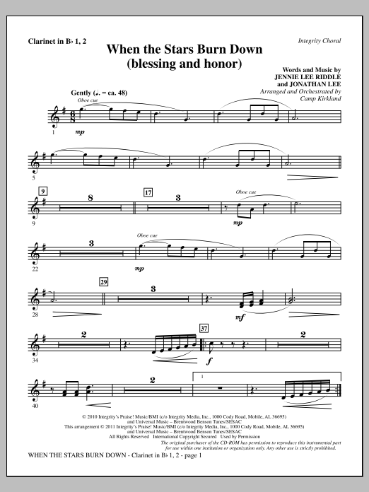 Learn to play Camp Kirkland When The Stars Burn Down (Blessing And Honor) - Clarinet 1 & 2 sheet music for Choir Instrumental Pak in minutes. Price: 8.9900$ Camp Kirkland When The Stars Burn Down (Blessing And Honor) - Clarinet 1 & 2 sheet music notes and chords arranged for Choir Instrumental Pak