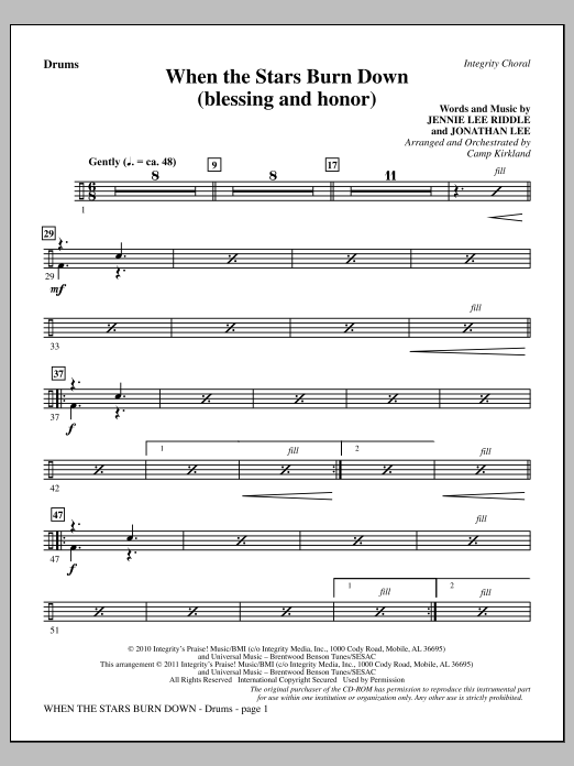 Learn to play Camp Kirkland When The Stars Burn Down (Blessing And Honor) - Drums sheet music for Choir Instrumental Pak in minutes. Price: 8.9900$ Camp Kirkland When The Stars Burn Down (Blessing And Honor) - Drums sheet music notes and chords arranged for Choir Instrumental Pak