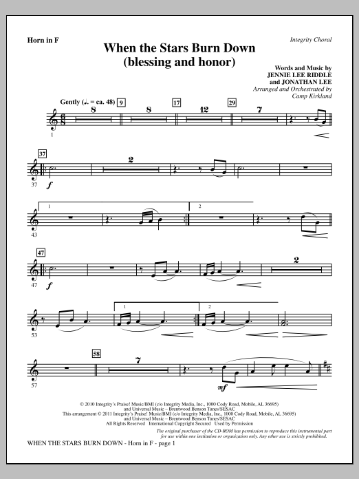 Learn to play Camp Kirkland When The Stars Burn Down (Blessing And Honor) - F Horn sheet music for Choir Instrumental Pak in minutes. Price: 8.9900$ Camp Kirkland When The Stars Burn Down (Blessing And Honor) - F Horn sheet music notes and chords arranged for Choir Instrumental Pak