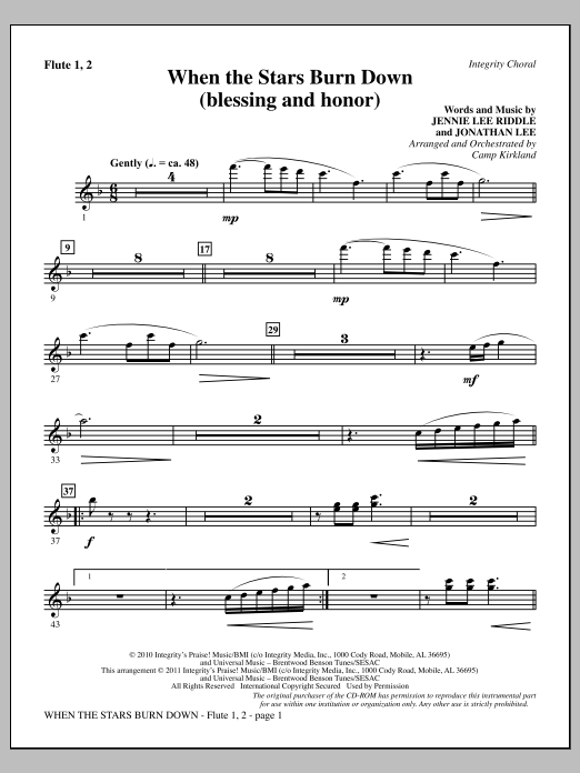 Learn to play Camp Kirkland When The Stars Burn Down (Blessing And Honor) - Flute 1 & 2 sheet music for Choir Instrumental Pak in minutes. Price: 8.9900$ Camp Kirkland When The Stars Burn Down (Blessing And Honor) - Flute 1 & 2 sheet music notes and chords arranged for Choir Instrumental Pak