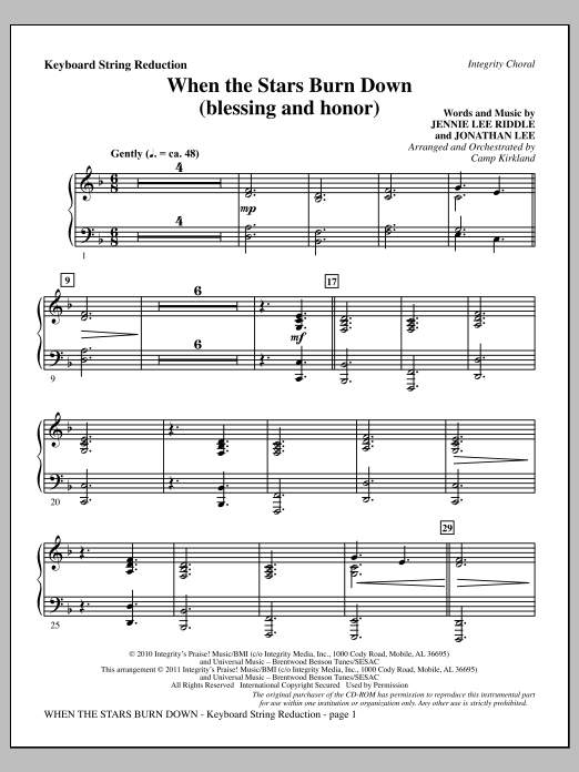 Learn to play Camp Kirkland When The Stars Burn Down (Blessing And Honor) - Keyboard String Reduction sheet music for Choir Instrumental Pak in minutes. Price: 8.9900$ Camp Kirkland When The Stars Burn Down (Blessing And Honor) - Keyboard String Reduction sheet music notes and chords arranged for Choir Instrumental Pak