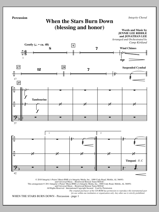 Learn to play Camp Kirkland When The Stars Burn Down (Blessing And Honor) - Percussion sheet music for Choir Instrumental Pak in minutes. Price: 8.9900$ Camp Kirkland When The Stars Burn Down (Blessing And Honor) - Percussion sheet music notes and chords arranged for Choir Instrumental Pak