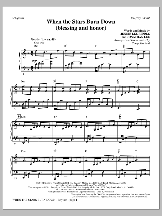 Learn to play Camp Kirkland When The Stars Burn Down (Blessing And Honor) - Rhythm sheet music for Choir Instrumental Pak in minutes. Price: 8.9900$ Camp Kirkland When The Stars Burn Down (Blessing And Honor) - Rhythm sheet music notes and chords arranged for Choir Instrumental Pak