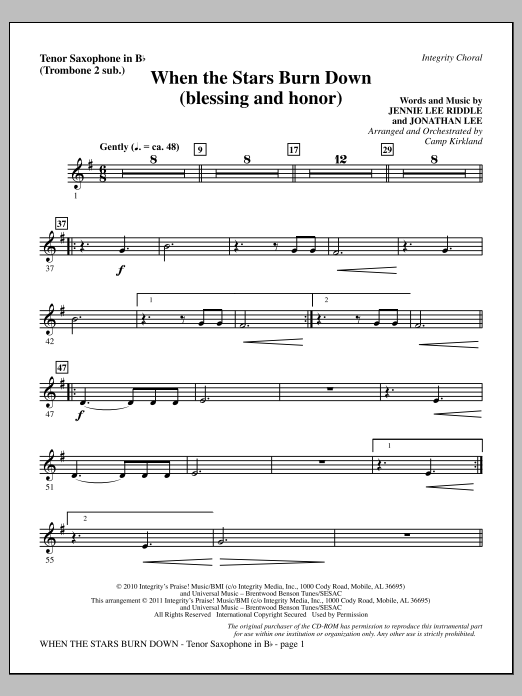 Learn to play Camp Kirkland When The Stars Burn Down (Blessing And Honor) - Tenor Sax (sub. Tbn 2) sheet music for Choir Instrumental Pak in minutes. Price: 8.9900$ Camp Kirkland When The Stars Burn Down (Blessing And Honor) - Tenor Sax (sub. Tbn 2) sheet music notes and chords arranged for Choir Instrumental Pak