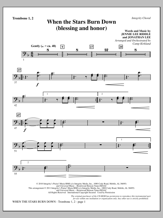 Learn to play Camp Kirkland When The Stars Burn Down (Blessing And Honor) - Trombone 1 & 2 sheet music for Choir Instrumental Pak in minutes. Price: 8.9900$ Camp Kirkland When The Stars Burn Down (Blessing And Honor) - Trombone 1 & 2 sheet music notes and chords arranged for Choir Instrumental Pak