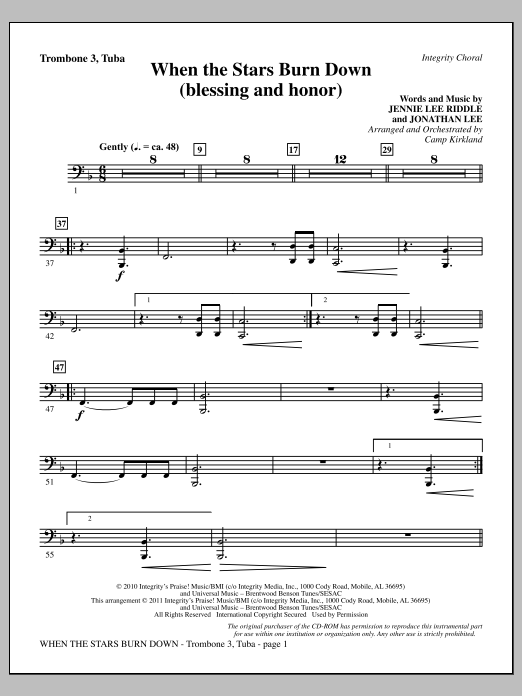 Learn to play Camp Kirkland When The Stars Burn Down (Blessing And Honor) - Trombone 3/Tuba sheet music for Choir Instrumental Pak in minutes. Price: 8.9900$ Camp Kirkland When The Stars Burn Down (Blessing And Honor) - Trombone 3/Tuba sheet music notes and chords arranged for Choir Instrumental Pak