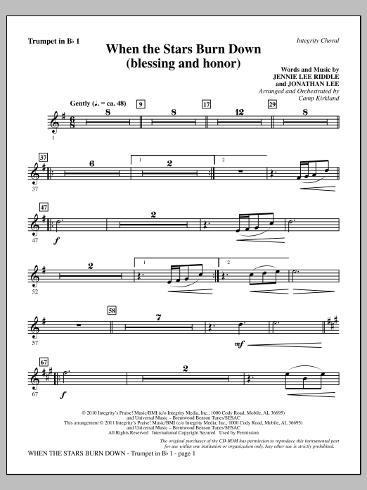 Learn to play Camp Kirkland When The Stars Burn Down (Blessing And Honor) - Trumpet 1 sheet music for Choir Instrumental Pak in minutes. Price: 8.9900$ Camp Kirkland When The Stars Burn Down (Blessing And Honor) - Trumpet 1 sheet music notes and chords arranged for Choir Instrumental Pak