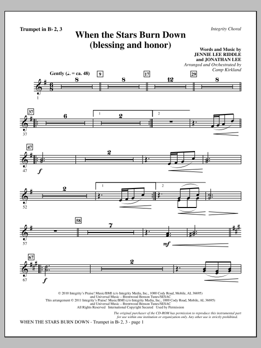 Learn to play Camp Kirkland When The Stars Burn Down (Blessing And Honor) - Trumpet 2 & 3 sheet music for Choir Instrumental Pak in minutes. Price: 8.9900$ Camp Kirkland When The Stars Burn Down (Blessing And Honor) - Trumpet 2 & 3 sheet music notes and chords arranged for Choir Instrumental Pak