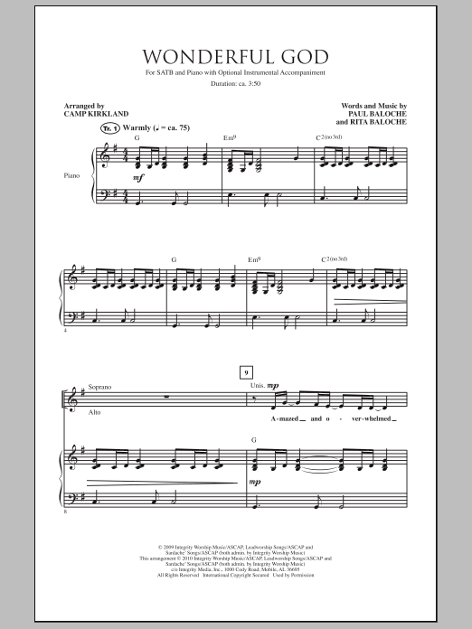 Camp Kirkland Wonderful God sheet music notes and chords. Download Printable PDF.