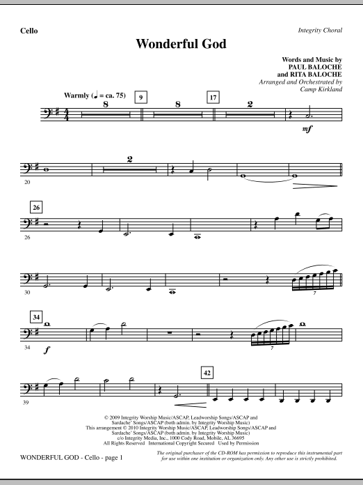 Learn to play Camp Kirkland Wonderful God - Cello sheet music for Choir Instrumental Pak in minutes. Camp Kirkland Wonderful God - Cello sheet music notes and chords. Download Printable PDF.